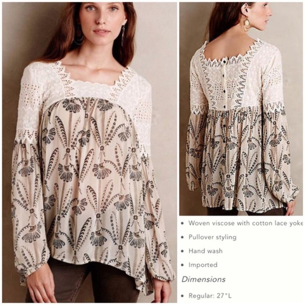 Anthropologie Floreat Cantata blouse 0 lace button floral cream long sleeve boho